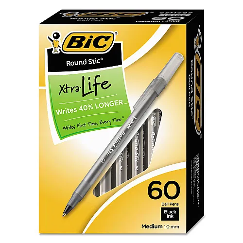 BIC Round Stic Xtra Life Ballpoint Pens, Black, Medium 1.0mm, 60-Count